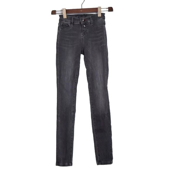 Philipp Plein Women's 25 Charcoal Black Slim Fit Denim Jagging Jeans Mid Rise - Picture 1 of 11